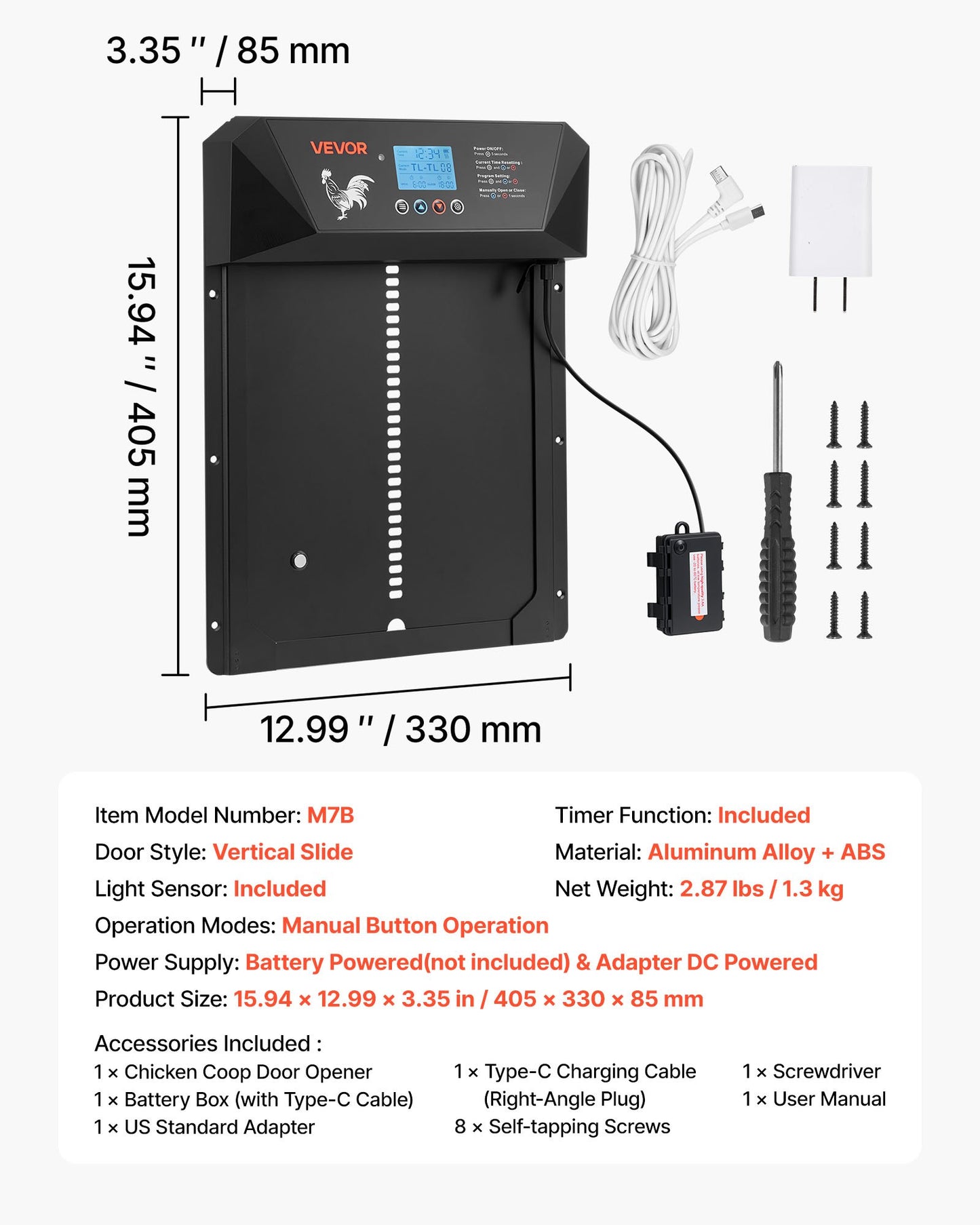 Automatic Chicken Coop Door, DC & Battery Powered Chicken Door with LCD Display, Light Sensor, Timer & Manual Setting, Anti-Pinch Security, Durable Aluminum Alloy, Chick Run Gate Opener for Farm