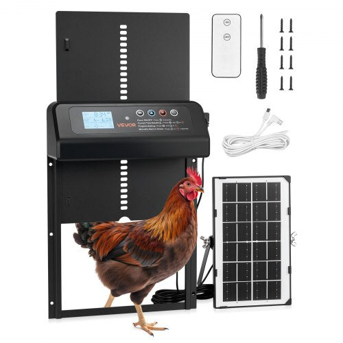 Automatic Chicken Coop Door, Solar & Battery Powered Chicken Door with LCD Display, Remote Control, Light Sensor & Timer, Anti-Pinch Security, Aluminum Alloy Chick Run Gate Opener, Black