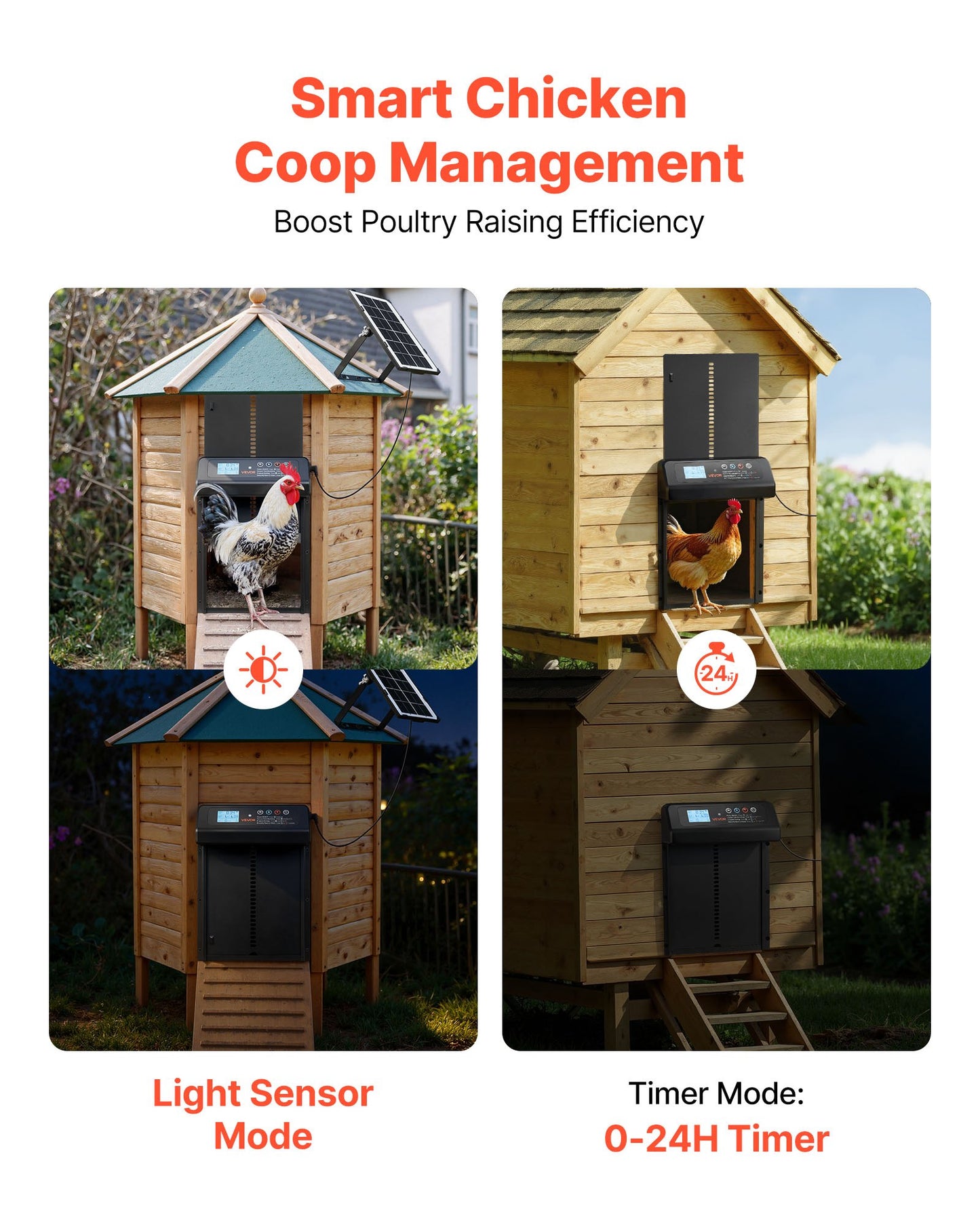 Automatic Chicken Coop Door, Solar & Battery Powered Chicken Door with LCD Display, Remote Control, Light Sensor & Timer, Anti-Pinch Security, Aluminum Alloy Chick Run Gate Opener, Black