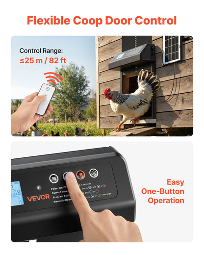 Automatic Chicken Coop Door, Solar & Battery Powered Chicken Door with LCD Display, Remote Control, Light Sensor & Timer, Anti-Pinch Security, Aluminum Alloy Chick Run Gate Opener, Black