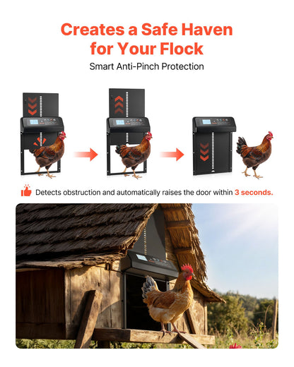 Automatic Chicken Coop Door, Solar & Battery Powered Chicken Door with LCD Display, Remote Control, Light Sensor & Timer, Anti-Pinch Security, Aluminum Alloy Chick Run Gate Opener, Black