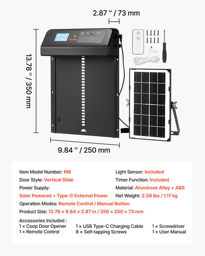 Automatic Chicken Coop Door, Solar & Battery Powered Chicken Door with LCD Display, Remote Control, Light Sensor & Timer, Anti-Pinch Security, Aluminum Alloy Chick Run Gate Opener, Black