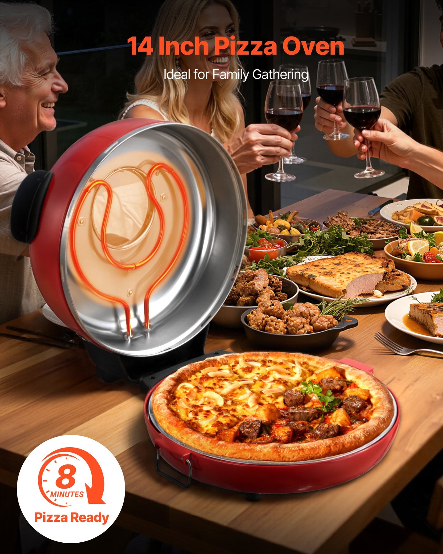 Pizza Oven, 14 in Electric Pizza Maker, 1600W Electric Pizzas Cooker with Cordierite Stone, 5-Mode Temperature Control, Viewing Window for Precise Cooking, Heats up to 698 ˚F, for Home Kitchen