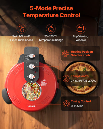 Pizza Oven, 14 in Electric Pizza Maker, 1600W Electric Pizzas Cooker with Cordierite Stone, 5-Mode Temperature Control, Viewing Window for Precise Cooking, Heats up to 698 ˚F, for Home Kitchen