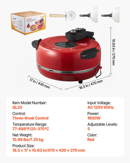 Pizza Oven, 14 in Electric Pizza Maker, 1600W Electric Pizzas Cooker with Cordierite Stone, 5-Mode Temperature Control, Viewing Window for Precise Cooking, Heats up to 698 ˚F, for Home Kitchen
