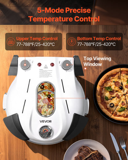 Pizza Oven, 12 in Electric Pizza Maker, 1200W Electric Pizzas Cooker with Cordierite Stone, 5-Mode Temperature Control, Viewing Window for Precise Cooking, Heats up to 788 ˚F, for Home (White)