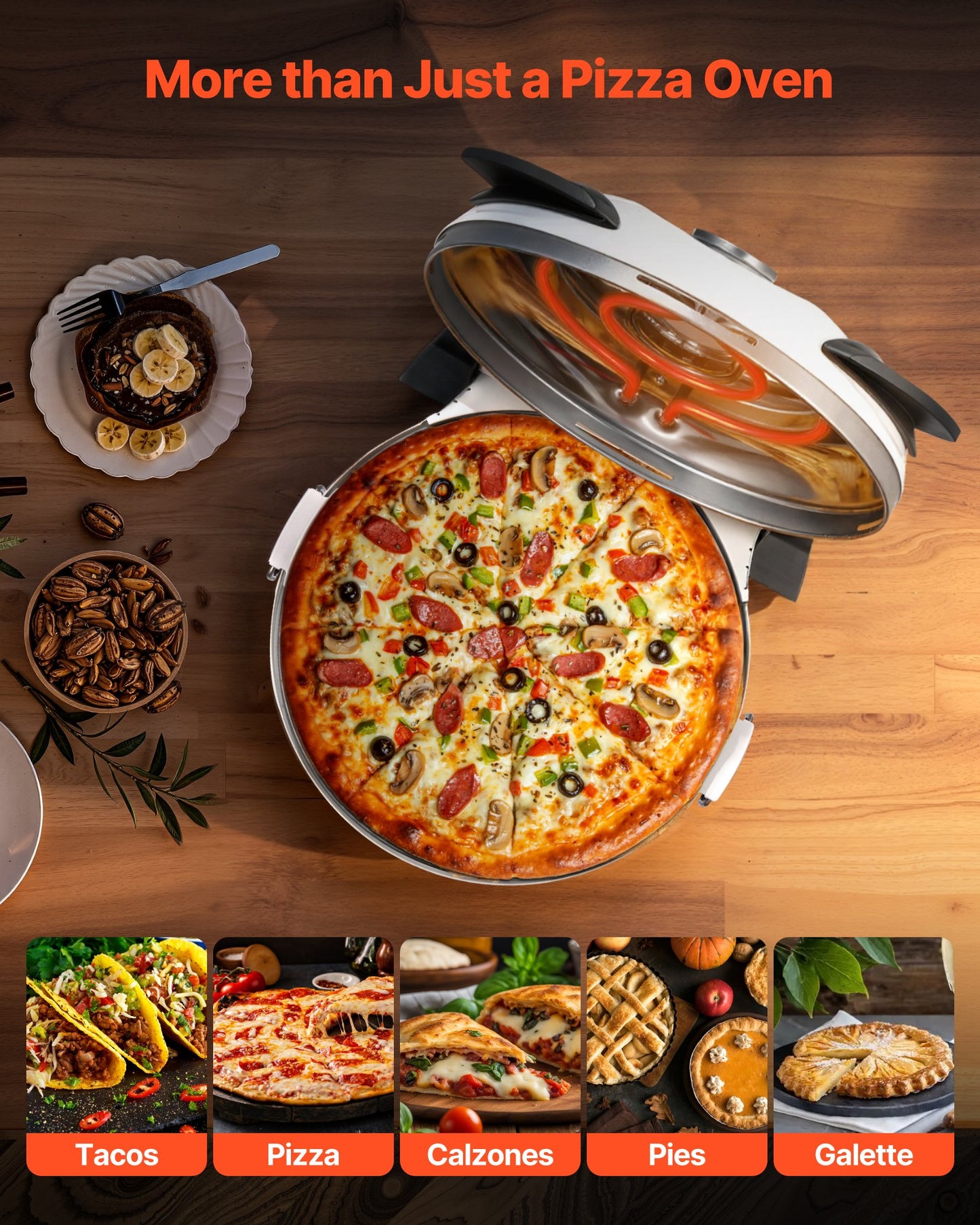 Pizza Oven, 12 in Electric Pizza Maker, 1200W Electric Pizzas Cooker with Cordierite Stone, 5-Mode Temperature Control, Viewing Window for Precise Cooking, Heats up to 788 ˚F, for Home (White)