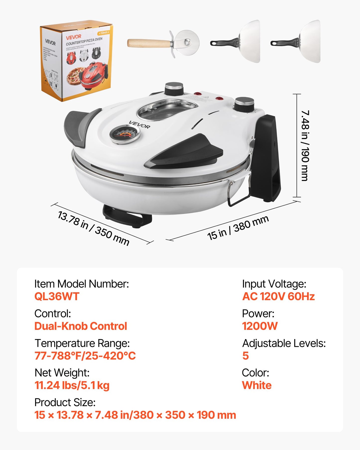 Pizza Oven, 12 in Electric Pizza Maker, 1200W Electric Pizzas Cooker with Cordierite Stone, 5-Mode Temperature Control, Viewing Window for Precise Cooking, Heats up to 788 ˚F, for Home (White)