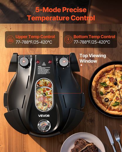 Pizza Oven, 12 in Electric Pizza Maker, 1200W Electric Pizzas Cooker with Cordierite Stone, 5-Mode Temperature Control, Viewing Window for Precise Cooking, Heats up to 788 ˚F, for Home (Black)