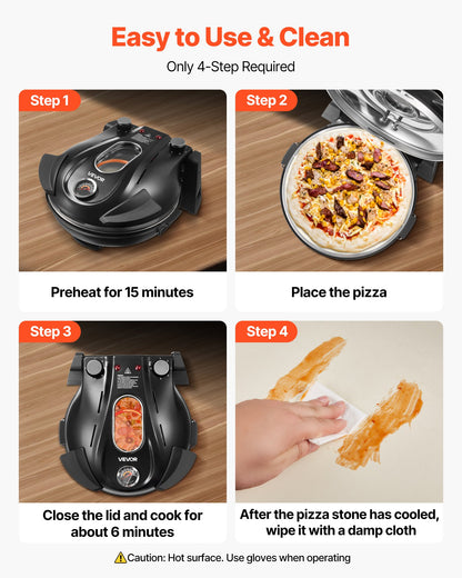 Pizza Oven, 12 in Electric Pizza Maker, 1200W Electric Pizzas Cooker with Cordierite Stone, 5-Mode Temperature Control, Viewing Window for Precise Cooking, Heats up to 788 ˚F, for Home (Black)