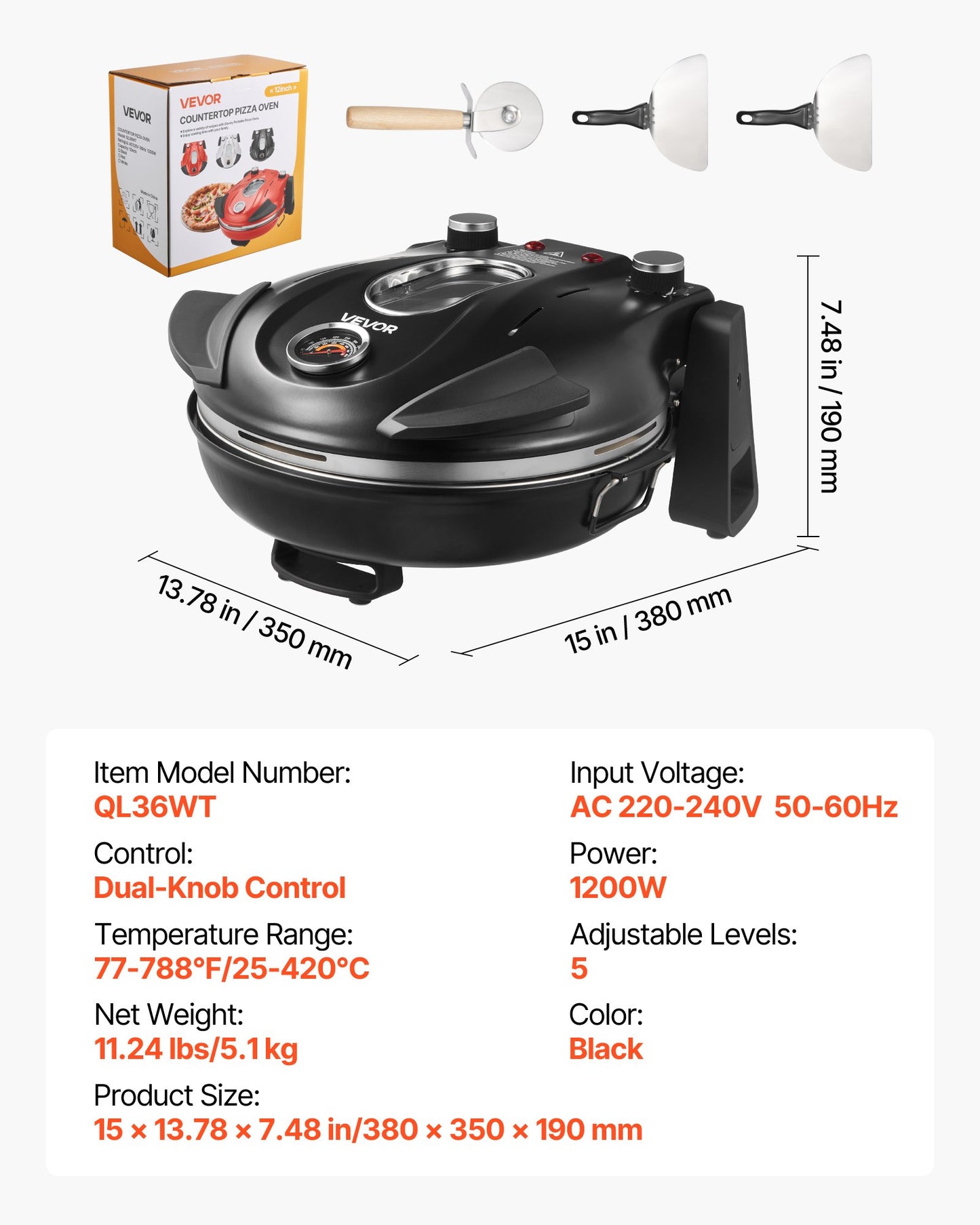 Pizza Oven, 12 in Electric Pizza Maker, 1200W Electric Pizzas Cooker with Cordierite Stone, 5-Mode Temperature Control, Viewing Window for Precise Cooking, Heats up to 788 ˚F, for Home (Black)