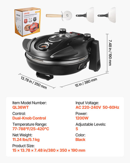 Pizza Oven, 12 in Electric Pizza Maker, 1200W Electric Pizzas Cooker with Cordierite Stone, 5-Mode Temperature Control, Viewing Window for Precise Cooking, Heats up to 788 ˚F, for Home (Black)