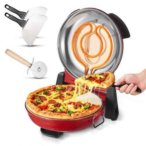Pizza Oven, 12 in Electric Pizza Maker, 1200W Electric Pizzas Cooker with Cordierite Stone, 5-Mode Temperature Control, Viewing Window for Precise Cooking, Heats up to 788 ˚F, for Home (Red)