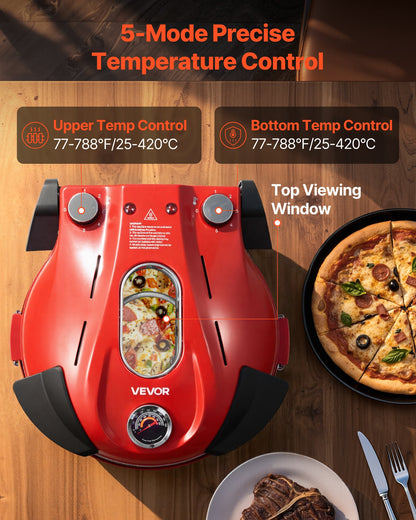 Pizza Oven, 12 in Electric Pizza Maker, 1200W Electric Pizzas Cooker with Cordierite Stone, 5-Mode Temperature Control, Viewing Window for Precise Cooking, Heats up to 788 ˚F, for Home (Red)