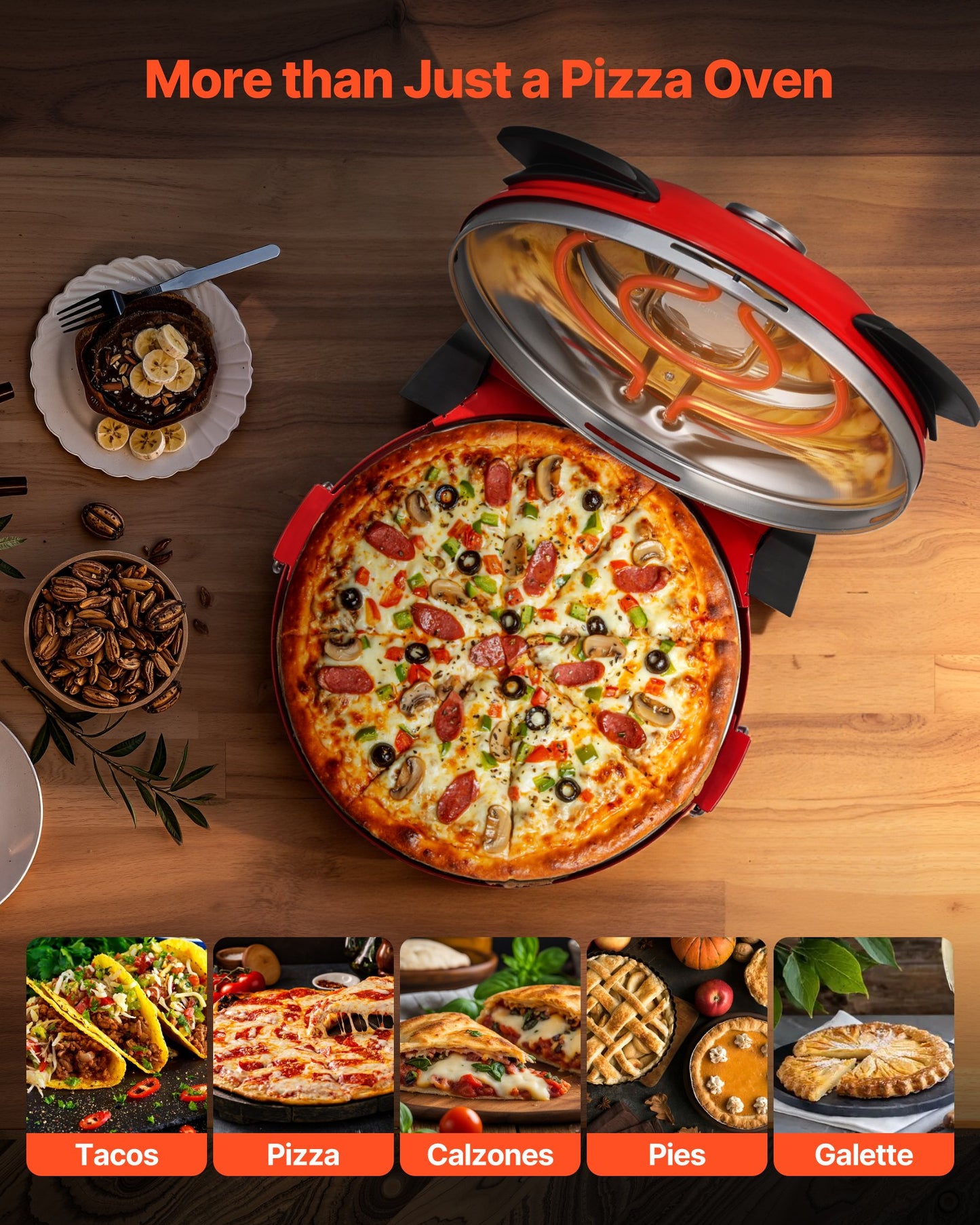 Pizza Oven, 12 in Electric Pizza Maker, 1200W Electric Pizzas Cooker with Cordierite Stone, 5-Mode Temperature Control, Viewing Window for Precise Cooking, Heats up to 788 ˚F, for Home (Red)