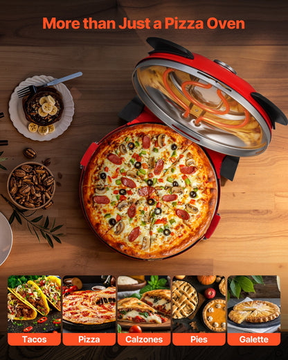 Pizza Oven, 12 in Electric Pizza Maker, 1200W Electric Pizzas Cooker with Cordierite Stone, 5-Mode Temperature Control, Viewing Window for Precise Cooking, Heats up to 788 ˚F, for Home (Red)
