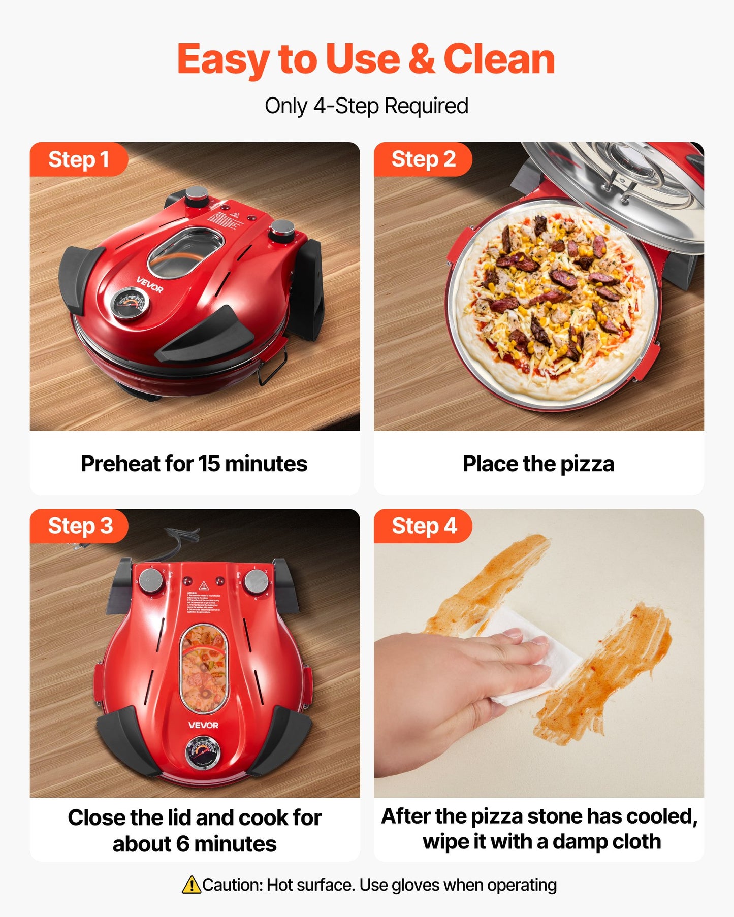 Pizza Oven, 12 in Electric Pizza Maker, 1200W Electric Pizzas Cooker with Cordierite Stone, 5-Mode Temperature Control, Viewing Window for Precise Cooking, Heats up to 788 ˚F, for Home (Red)