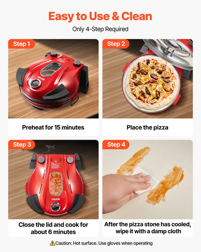 Pizza Oven, 12 in Electric Pizza Maker, 1200W Electric Pizzas Cooker with Cordierite Stone, 5-Mode Temperature Control, Viewing Window for Precise Cooking, Heats up to 788 ˚F, for Home (Red)
