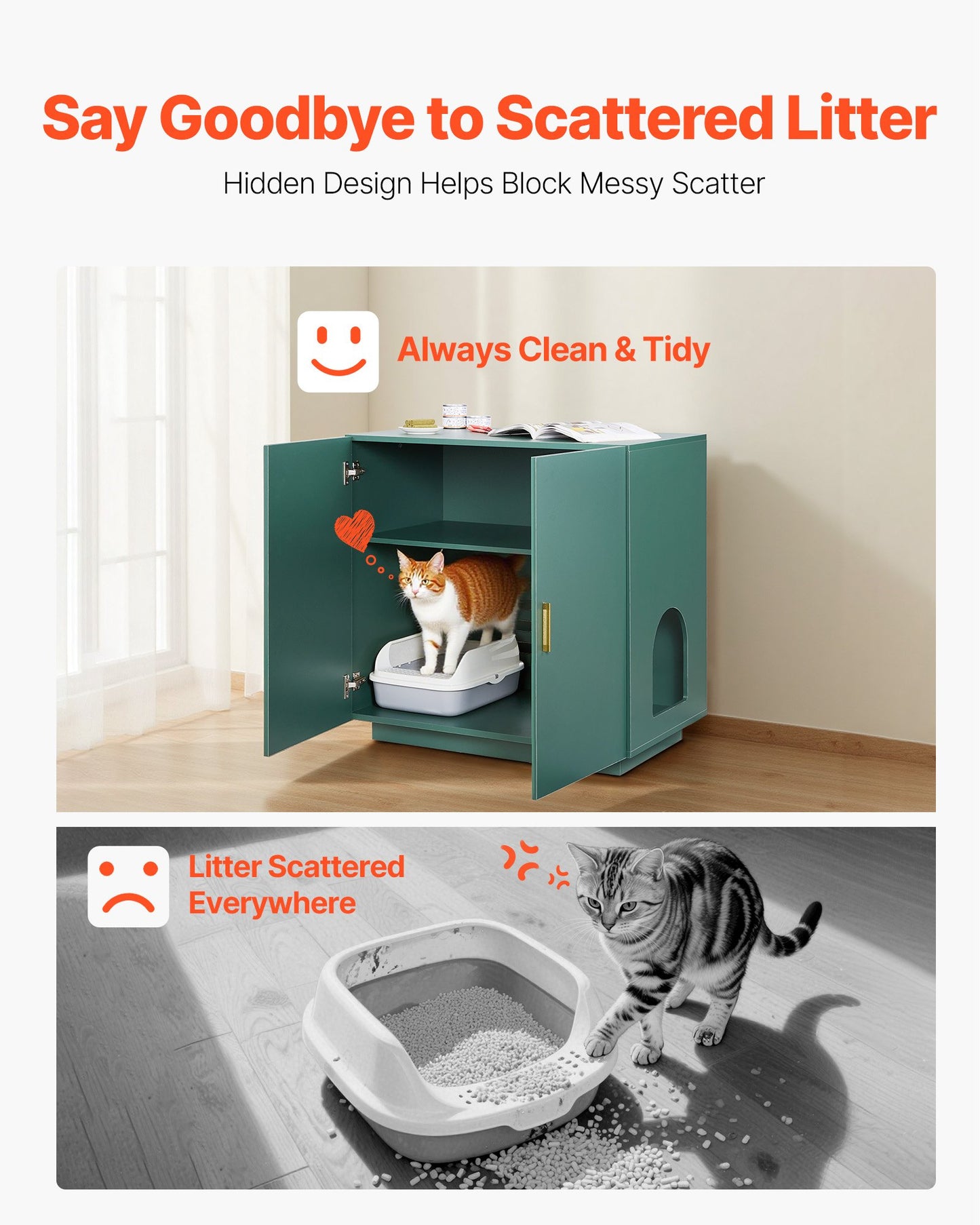Cat Litter Box Enclosure, 31.5 in Hidden Litter Box Cabinet, Wooden Indoor Cat Washroom with Ventilated Holes, Double-Door Kitty Pet House Furniture, End Side Table Fit Most Litterboxes