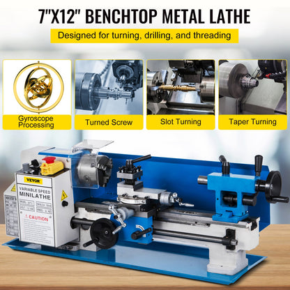 Metal Lathe 7"x12",Precision Bench Top Mini Metal Lathe 550W, Metal Lathe Variable Speed 50-2500 RPM Nylon Gear With A Movable Lamp for Precision Parts Processing