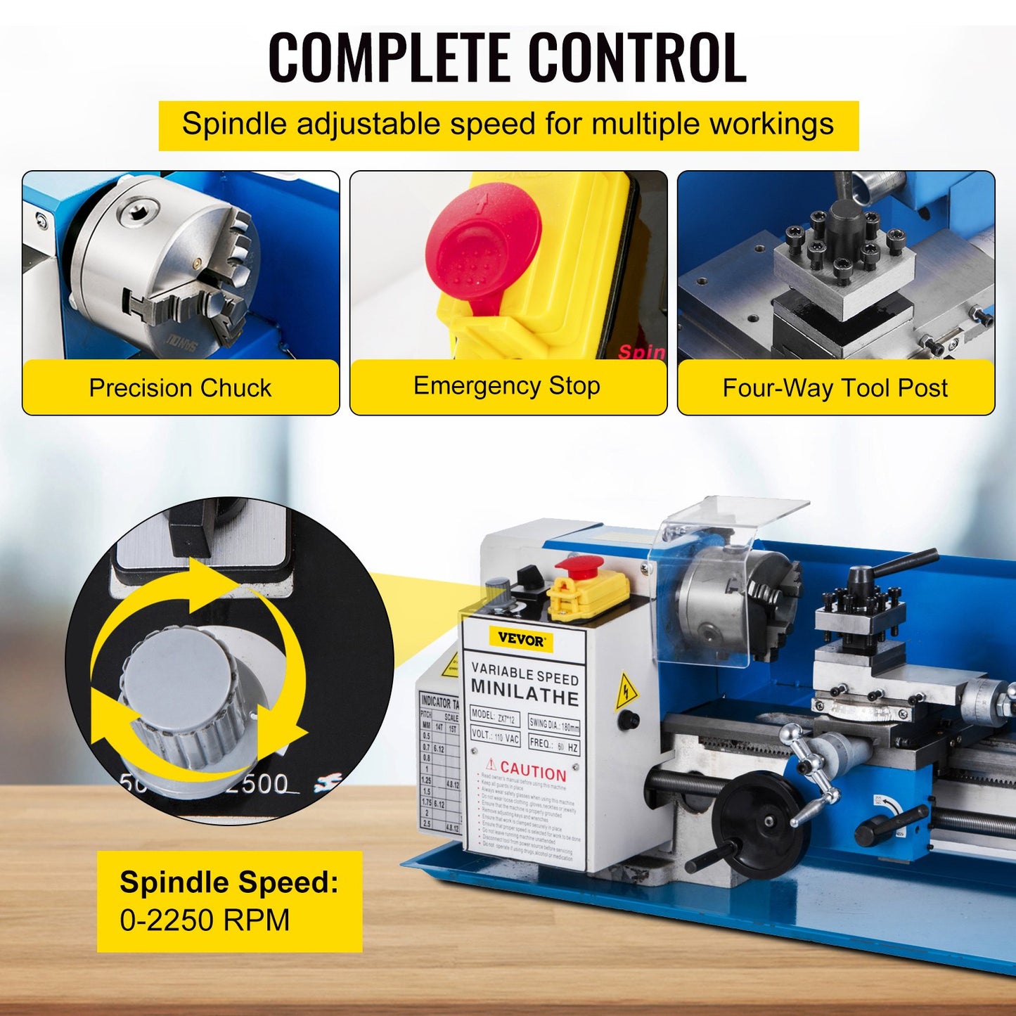 Metal Lathe 7"x12",Precision Bench Top Mini Metal Lathe 550W, Metal Lathe Variable Speed 50-2500 RPM Nylon Gear With A Movable Lamp for Precision Parts Processing