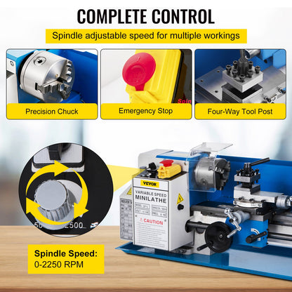 Metal Lathe 7"x12",Precision Bench Top Mini Metal Lathe 550W, Metal Lathe Variable Speed 50-2500 RPM Nylon Gear With A Movable Lamp for Precision Parts Processing
