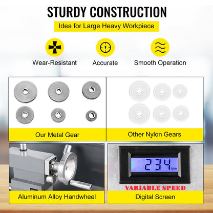 Mini metal lathe 750W metal lathe with variable speed 50 to 3000 rpm Precision lathe 220 x 600 mm for metal lathe for counter turning