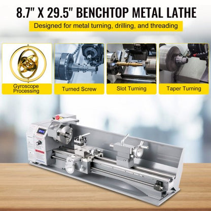 1100 W Mini-Metalldrehmaschine 220 mm x 750 mm, Metalldrehmaschine mit variabler Geschwindigkeit, U/min, Metallfräsmaschine, digitale Metallfräsdrehmaschine mit 3-Backenfutter, MT5-Spindelkegel, MT2-Kegel | EU