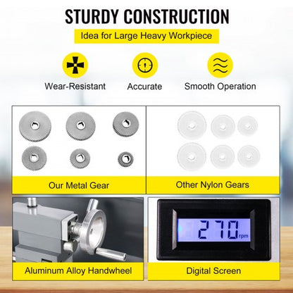 1100 W Mini-Metalldrehmaschine 220 mm x 750 mm, Metalldrehmaschine mit variabler Geschwindigkeit, U/min, Metallfräsmaschine, digitale Metallfräsdrehmaschine mit 3-Backenfutter, MT5-Spindelkegel, MT2-Kegel | EU