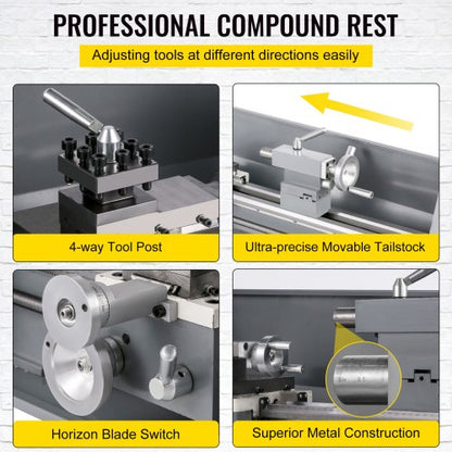 1100 W Mini-Metalldrehmaschine 220 mm x 750 mm, Metalldrehmaschine mit variabler Geschwindigkeit, U/min, Metallfräsmaschine, digitale Metallfräsdrehmaschine mit 3-Backenfutter, MT5-Spindelkegel, MT2-Kegel | EU