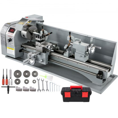 1100 W Mini-Metalldrehmaschine 220 mm x 750 mm, Metalldrehmaschine mit variabler Geschwindigkeit, U/min, Metallfräsmaschine, digitale Metallfräsdrehmaschine mit 3-Backenfutter, MT5-Spindelkegel, MT2-Kegel | EU