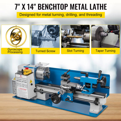 Mini-Metalldrehmaschine, 550 W, Metalldrehmaschine mit variabler Geschwindigkeit, 50 bis 2500 U/min, Präzisions-Mini-Tischdrehmaschine, 7 x 14 Zoll, für die Bearbeitung von Mini-Präzisionsteilen, Probenverarbeitung, Modellierungsarbeiten