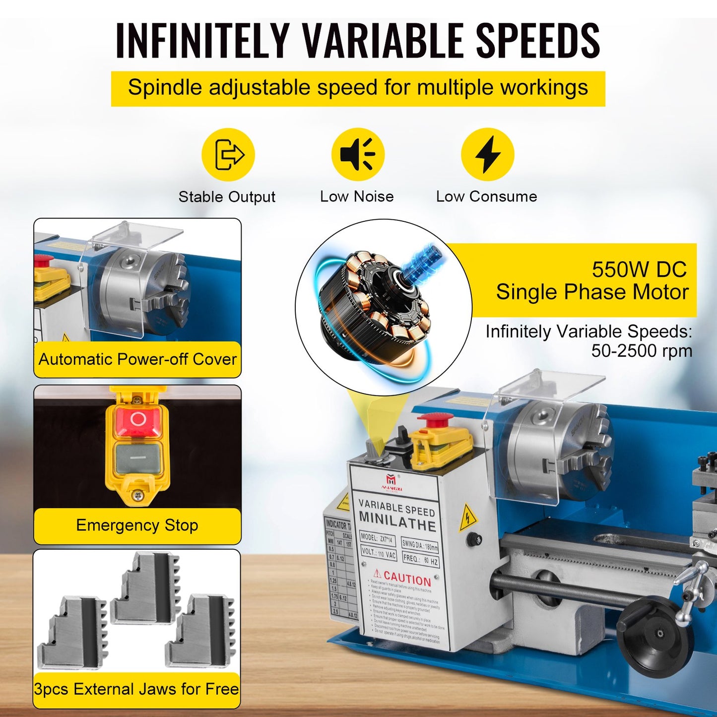 Mini-Metalldrehmaschine, 550 W, Metalldrehmaschine mit variabler Geschwindigkeit, 50 bis 2500 U/min, Präzisions-Mini-Tischdrehmaschine, 7 x 14 Zoll, für die Bearbeitung von Mini-Präzisionsteilen, Probenverarbeitung, Modellierungsarbeiten