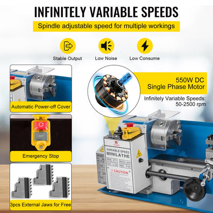 Mini-Metalldrehmaschine, 550 W, Metalldrehmaschine mit variabler Geschwindigkeit, 50 bis 2500 U/min, Präzisions-Mini-Tischdrehmaschine, 7 x 14 Zoll, für die Bearbeitung von Mini-Präzisionsteilen, Probenverarbeitung, Modellierungsarbeiten