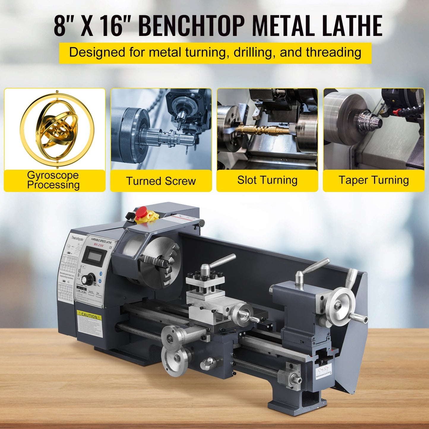 Aktualisierte 750-W-Mini-Metalldrehmaschine, 8 x 16 Zoll, Metalldrehmaschine mit Deluxe-Zubehörbox, 50–2500 PRM, stufenlose Geschwindigkeiten, MT3-Spindel, konische Metalldrehmaschine mit beweglicher Lampe, 4-Backenfutter, 9 Fräser