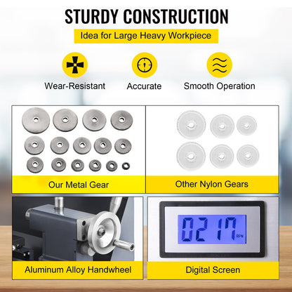 Aktualisierte 750-W-Mini-Metalldrehmaschine, 8 x 16 Zoll, Metalldrehmaschine mit Deluxe-Zubehörbox, 50–2500 PRM, stufenlose Geschwindigkeiten, MT3-Spindel, konische Metalldrehmaschine mit beweglicher Lampe, 4-Backenfutter, 9 Fräser