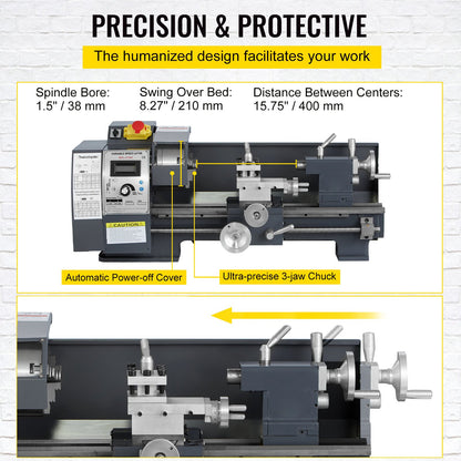 Aktualisierte 750-W-Mini-Metalldrehmaschine, 8 x 16 Zoll, Metalldrehmaschine mit Deluxe-Zubehörbox, 50–2500 PRM, stufenlose Geschwindigkeiten, MT3-Spindel, konische Metalldrehmaschine mit beweglicher Lampe, 4-Backenfutter, 9 Fräser