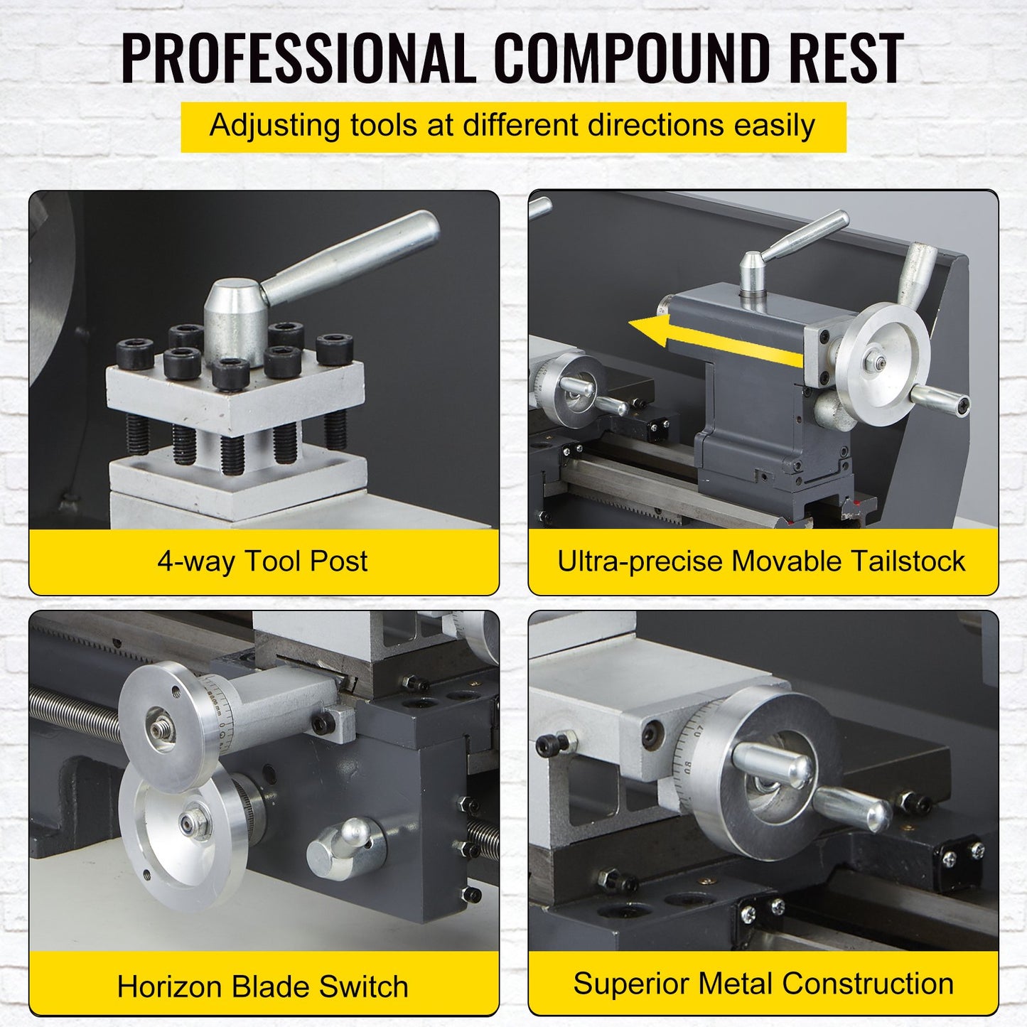 Aktualisierte 750-W-Mini-Metalldrehmaschine, 8 x 16 Zoll, Metalldrehmaschine mit Deluxe-Zubehörbox, 50–2500 PRM, stufenlose Geschwindigkeiten, MT3-Spindel, konische Metalldrehmaschine mit beweglicher Lampe, 4-Backenfutter, 9 Fräser