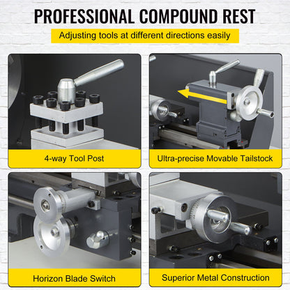 Aktualisierte 750-W-Mini-Metalldrehmaschine, 8 x 16 Zoll, Metalldrehmaschine mit Deluxe-Zubehörbox, 50–2500 PRM, stufenlose Geschwindigkeiten, MT3-Spindel, konische Metalldrehmaschine mit beweglicher Lampe, 4-Backenfutter, 9 Fräser