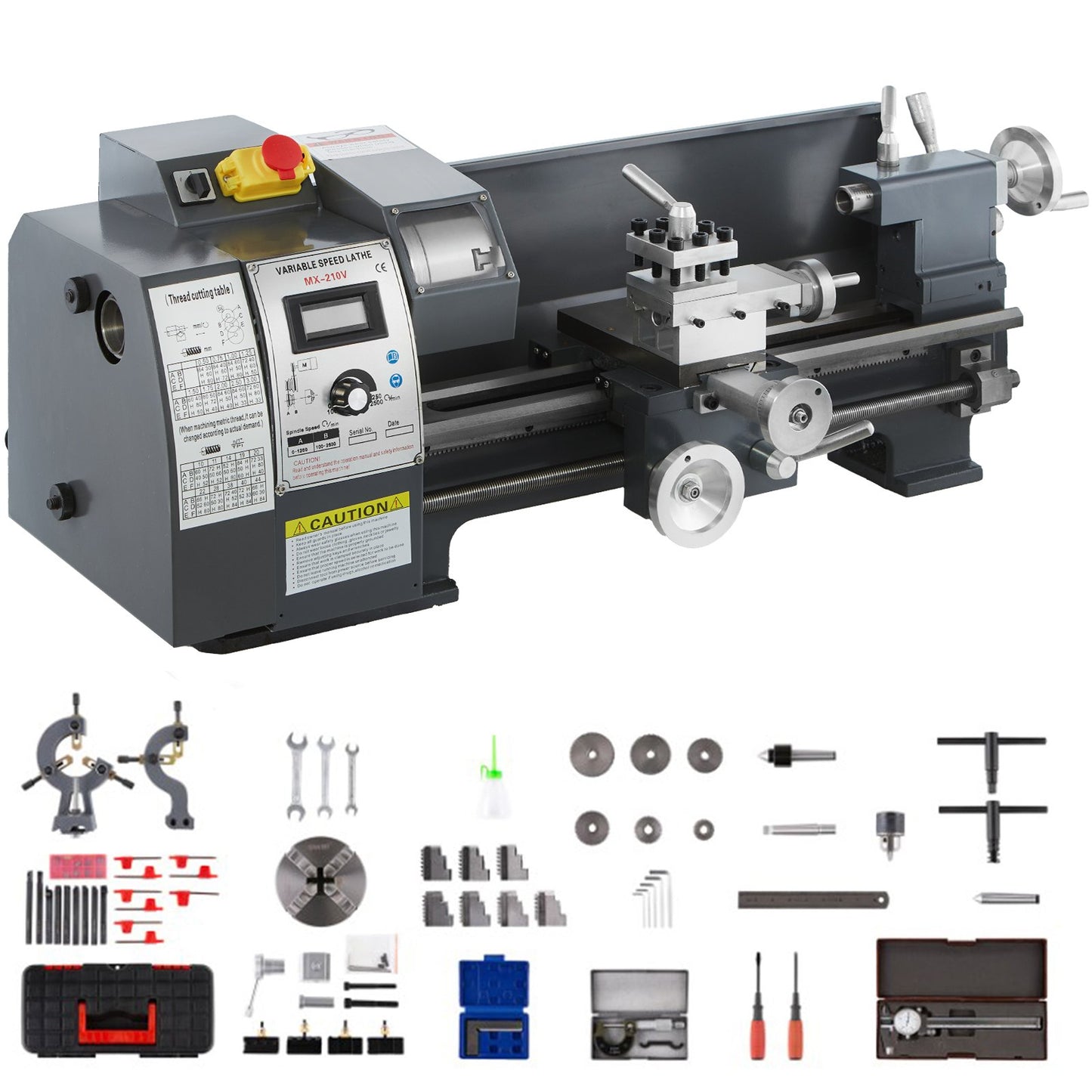 Aktualisierte 750-W-Mini-Metalldrehmaschine, 8 x 16 Zoll, Metalldrehmaschine mit Deluxe-Zubehörbox, 50–2500 PRM, stufenlose Geschwindigkeiten, MT3-Spindel, konische Metalldrehmaschine mit beweglicher Lampe, 4-Backenfutter, 9 Fräser
