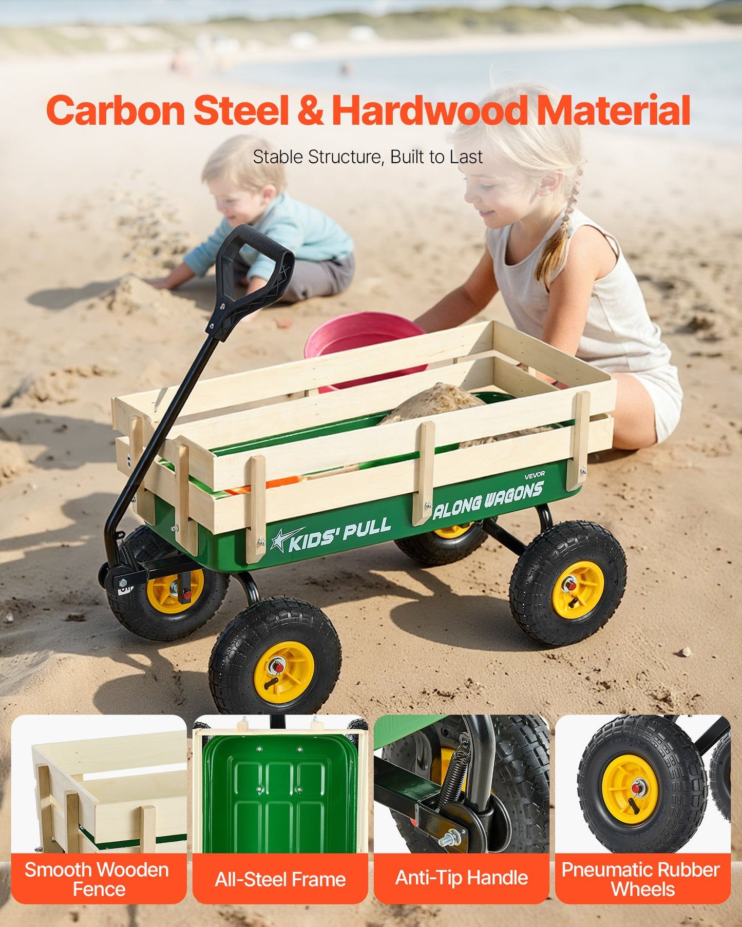 Pull-Along Wagon for Kids, 39 inch Toddler Wagons with Wooden Panels & Handle, Supports up to 330 lbs, All-Terrain Utility Wagon Cart Birthday Present for Kids Gardening Beach, Green