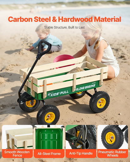 Pull-Along Wagon for Kids, 39 inch Toddler Wagons with Wooden Panels & Handle, Supports up to 330 lbs, All-Terrain Utility Wagon Cart Birthday Present for Kids Gardening Beach, Green