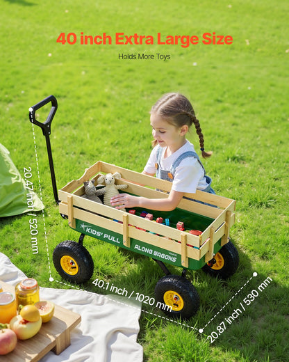Pull-Along Wagon for Kids, 39 inch Toddler Wagons with Wooden Panels & Handle, Supports up to 330 lbs, All-Terrain Utility Wagon Cart Birthday Present for Kids Gardening Beach, Green