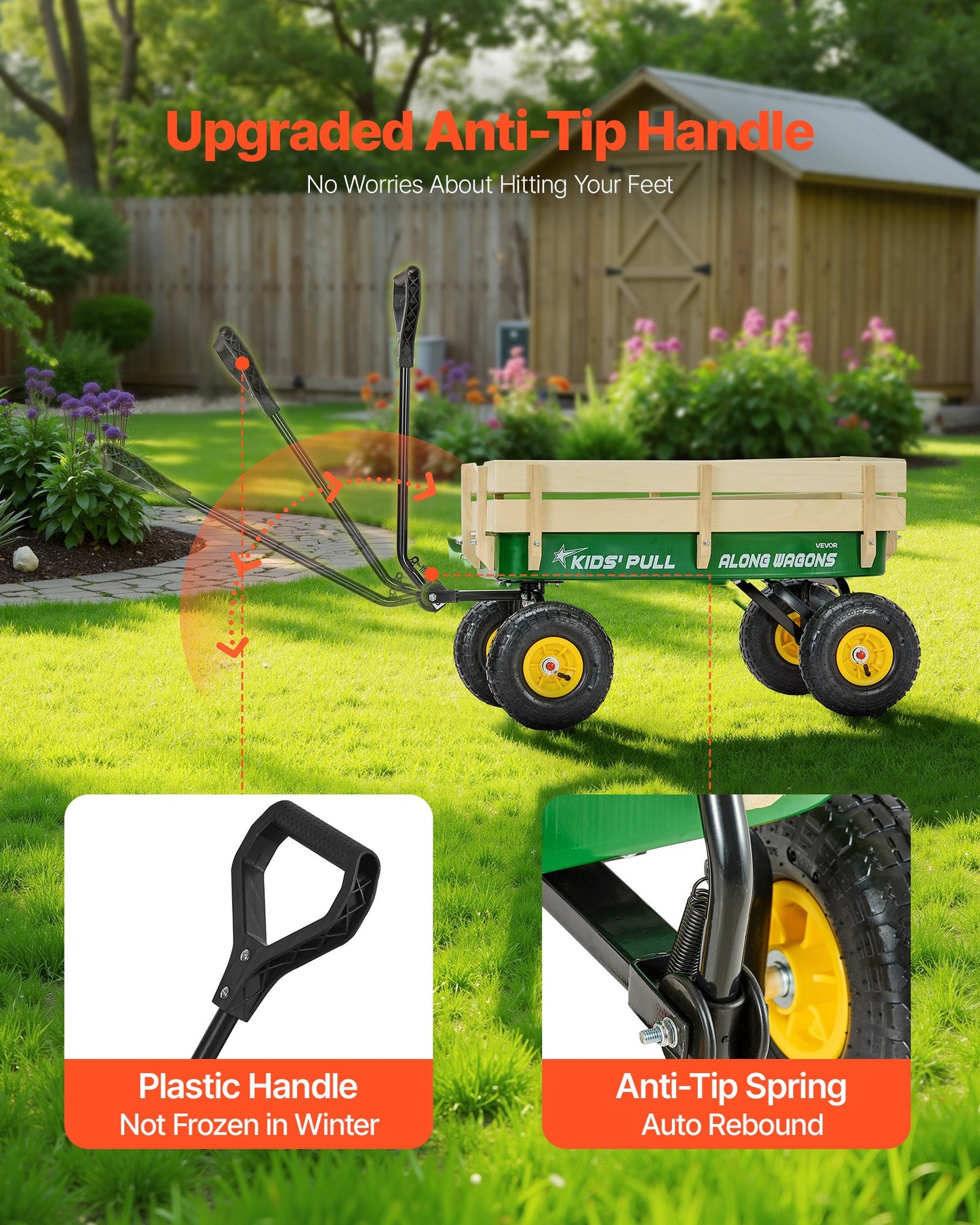 Pull-Along Wagon for Kids, 39 inch Toddler Wagons with Wooden Panels & Handle, Supports up to 330 lbs, All-Terrain Utility Wagon Cart Birthday Present for Kids Gardening Beach, Green
