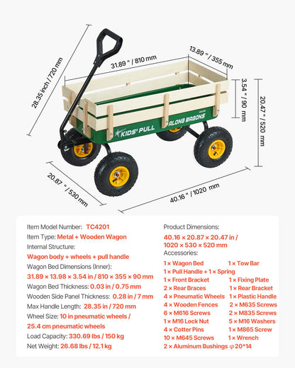 Pull-Along Wagon for Kids, 39 inch Toddler Wagons with Wooden Panels & Handle, Supports up to 330 lbs, All-Terrain Utility Wagon Cart Birthday Present for Kids Gardening Beach, Green