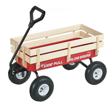 Pull-Along Wagon for Kids, 39 inch Toddler Wagons with Wooden Panels & Handle, Supports up to 330 lbs, All-Terrain Utility Wagon Cart Birthday Present for Kids Gardening Beach, Red