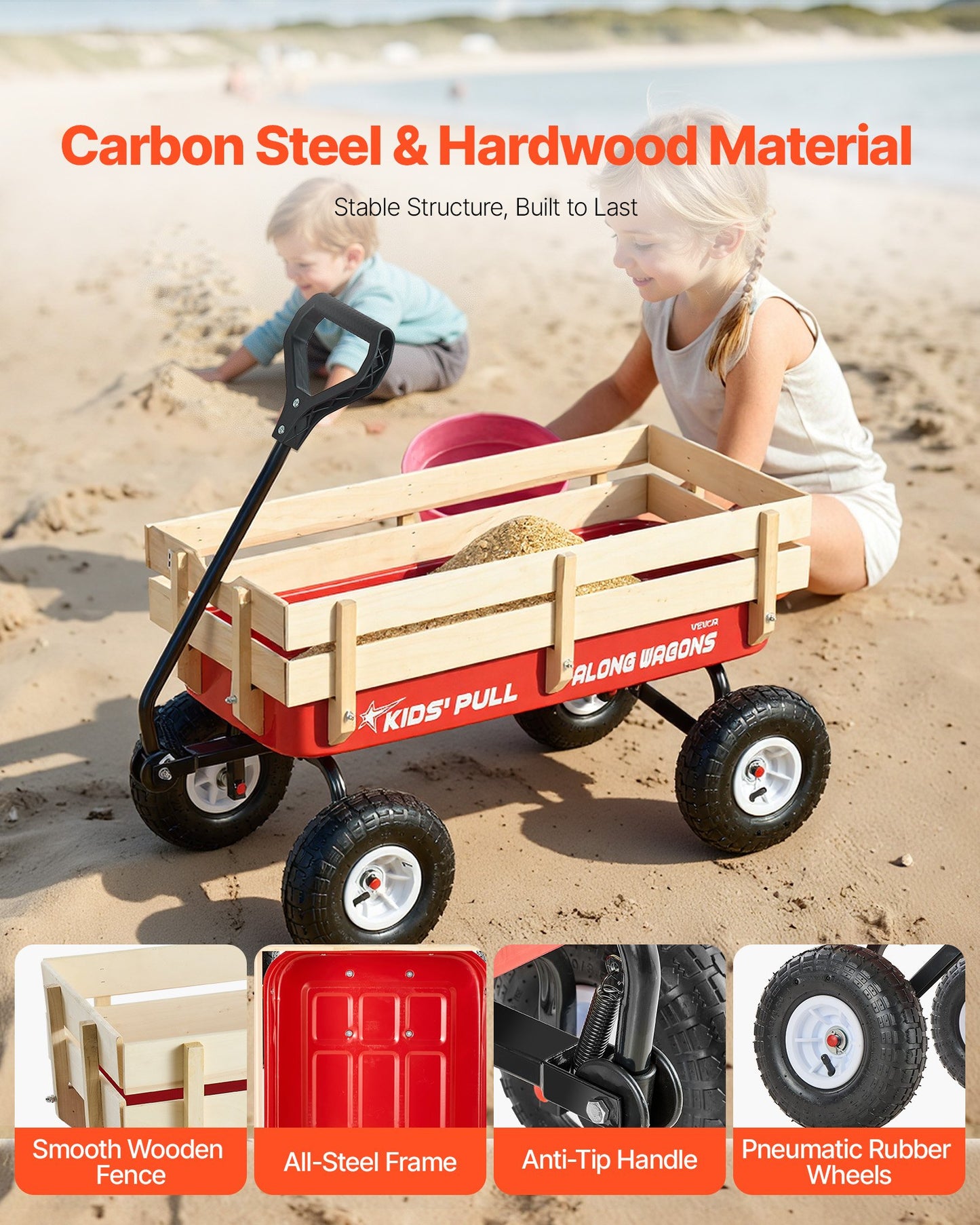 Pull-Along Wagon for Kids, 39 inch Toddler Wagons with Wooden Panels & Handle, Supports up to 330 lbs, All-Terrain Utility Wagon Cart Birthday Present for Kids Gardening Beach, Red