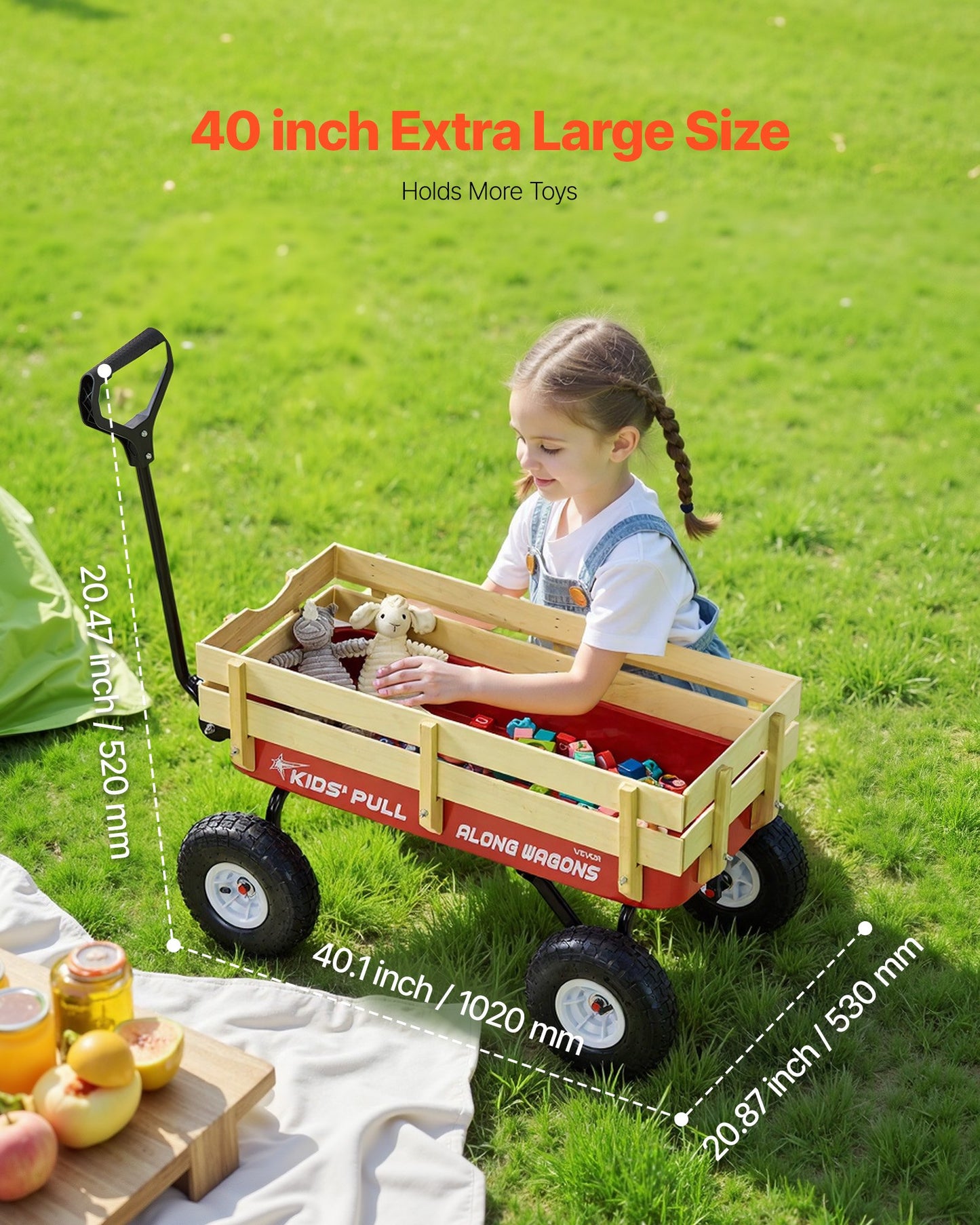 Pull-Along Wagon for Kids, 39 inch Toddler Wagons with Wooden Panels & Handle, Supports up to 330 lbs, All-Terrain Utility Wagon Cart Birthday Present for Kids Gardening Beach, Red