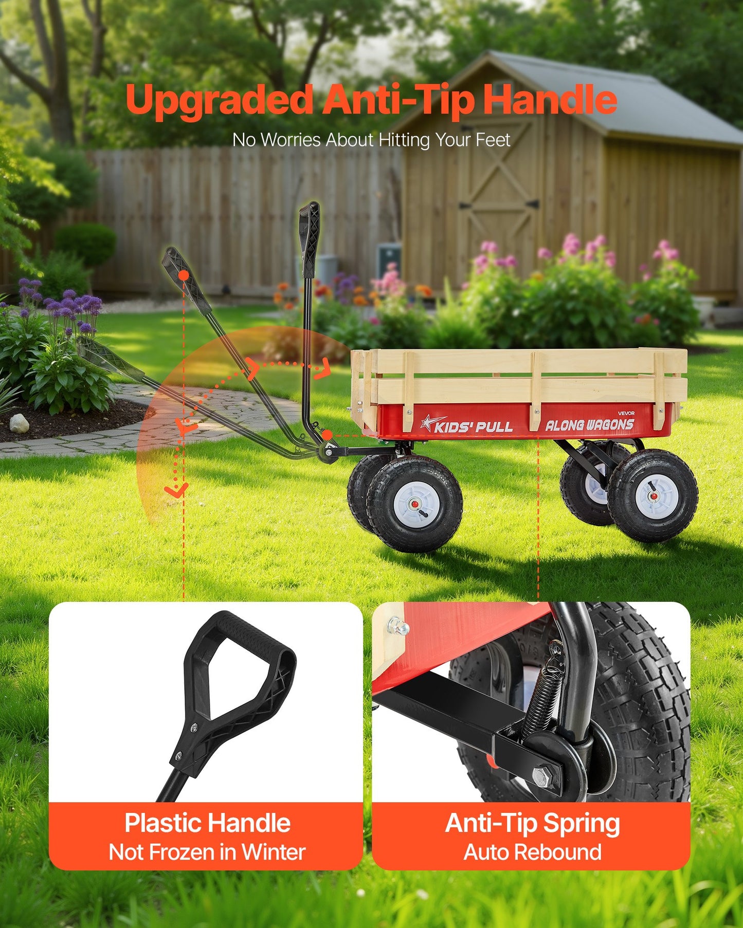 Pull-Along Wagon for Kids, 39 inch Toddler Wagons with Wooden Panels & Handle, Supports up to 330 lbs, All-Terrain Utility Wagon Cart Birthday Present for Kids Gardening Beach, Red
