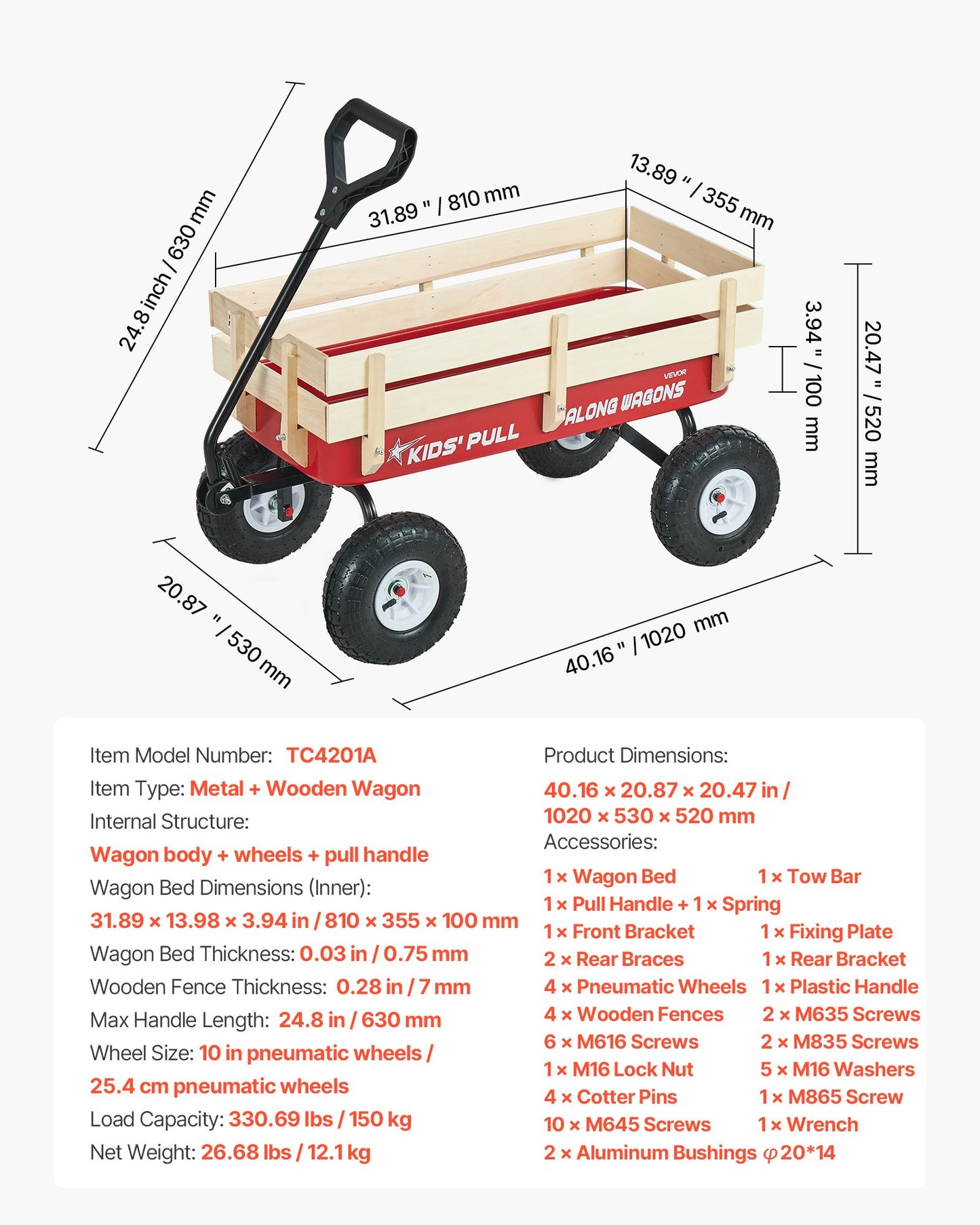 Pull-Along Wagon for Kids, 39 inch Toddler Wagons with Wooden Panels & Handle, Supports up to 330 lbs, All-Terrain Utility Wagon Cart Birthday Present for Kids Gardening Beach, Red